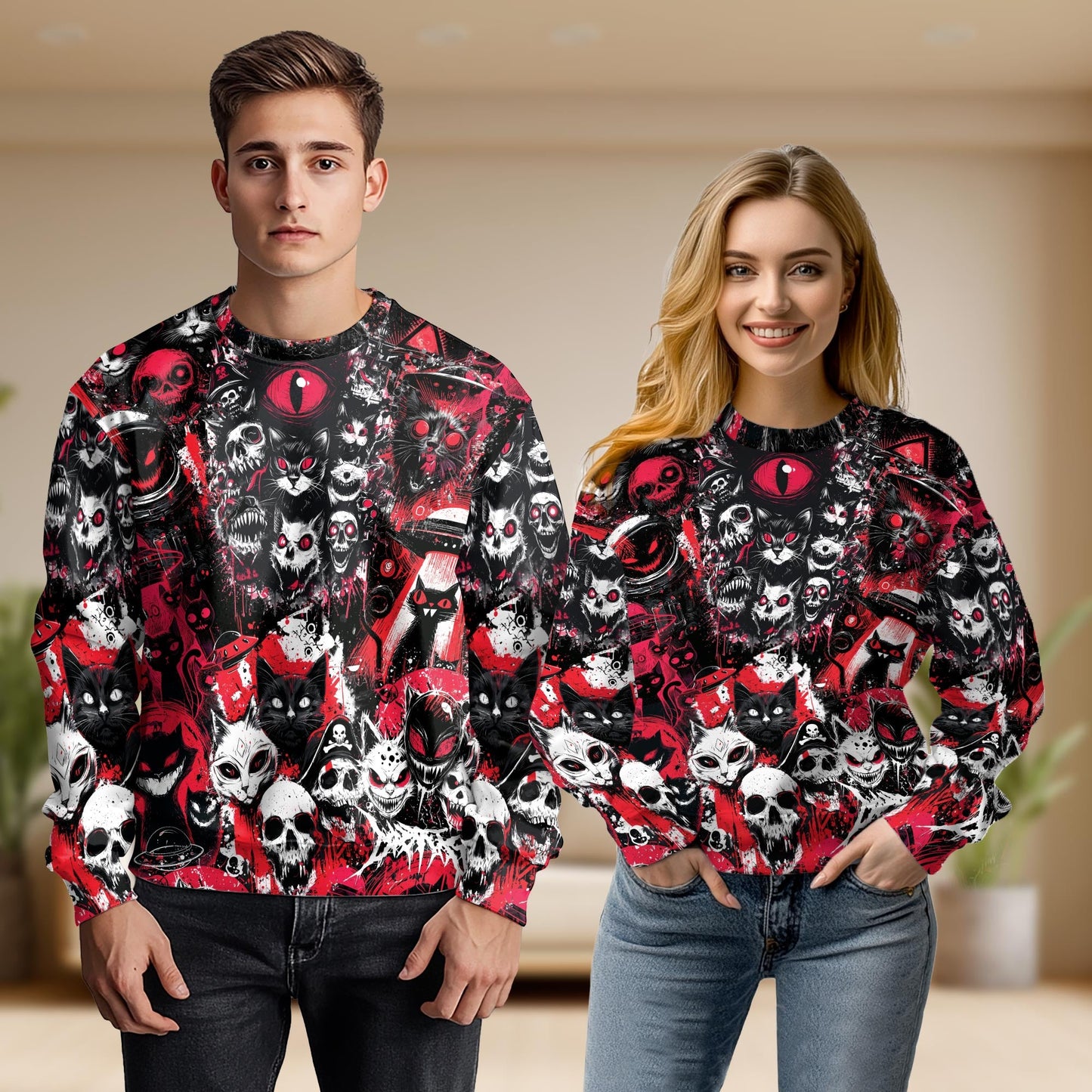 Creepy Cat Skull Horror Unisex Sweatshirt – Colorful Graphic 3D All Over Print Design