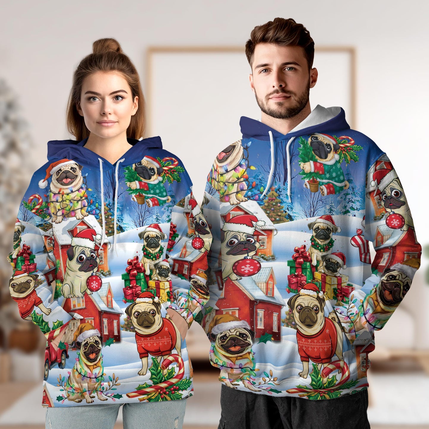 Funny Pug Christmas All Over Print Hoodie, Cute Dog Holiday Graphic Design
