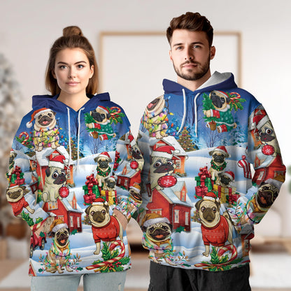 Funny Pug Christmas All Over Print Hoodie, Cute Dog Holiday Graphic Design