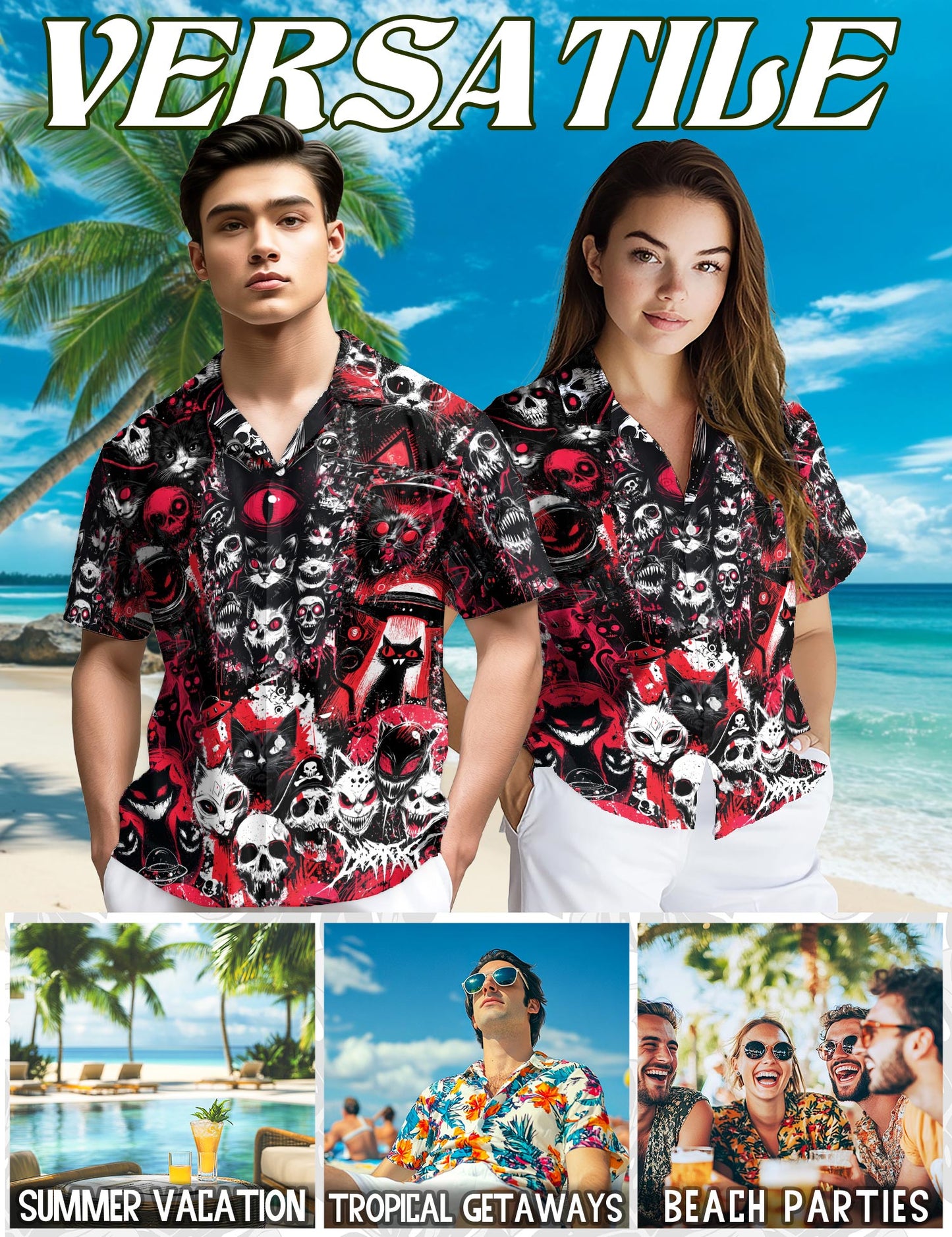 Black Cat UFO Alien Halloween Hawaiian Shirt for Men, Button Down Aloha Shirt - Azhawaiian