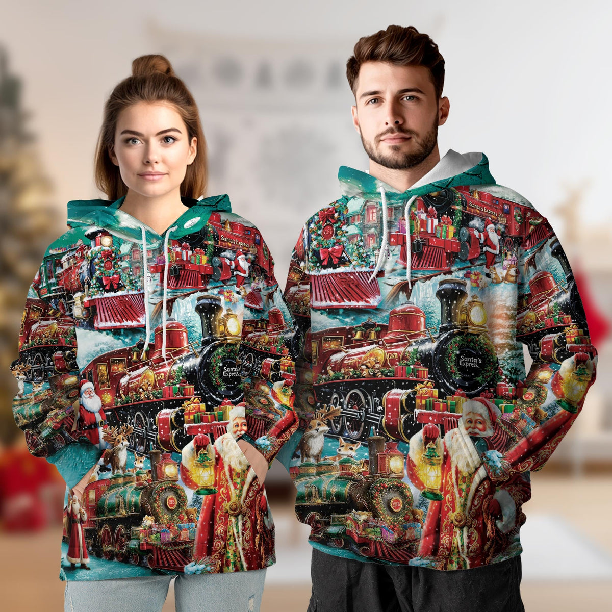 Santa Claus Christmas Train All Over Print Hoodie, Vintage Holiday Graphic Design