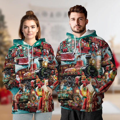 Santa Claus Christmas Train All Over Print Hoodie, Vintage Holiday Graphic Design