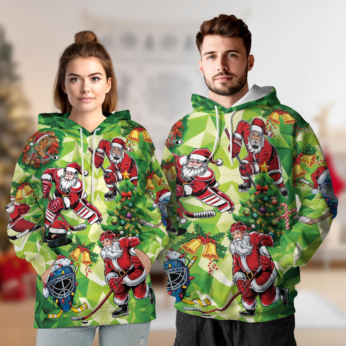 Santa Claus Ice Hockey Christmas All Over Print Hoodie, Sports Graphic Design