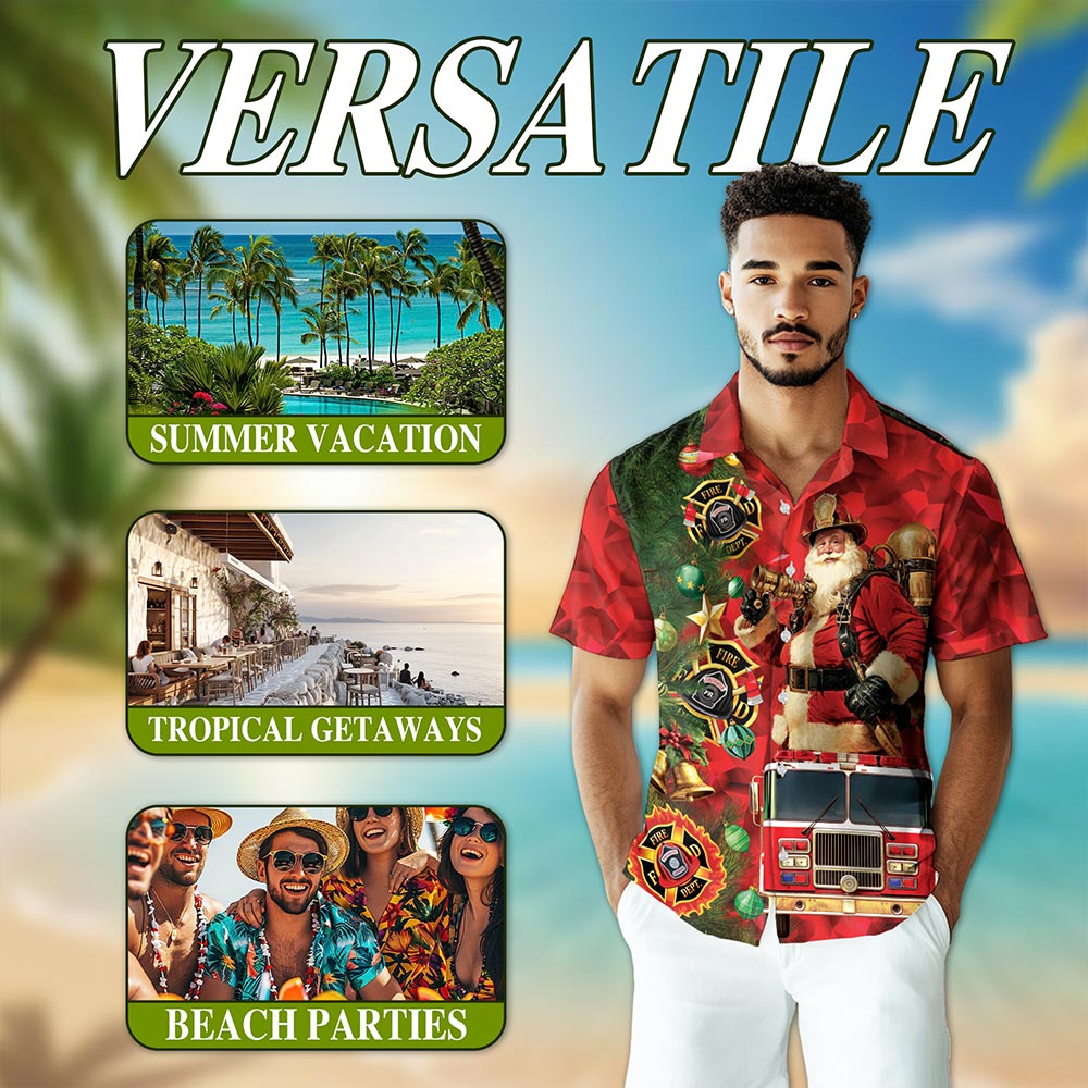 Firefighter Santa Claus Christmas Hawaiian Shirt for Men, Button Down Aloha Shirt - Azhawaiian