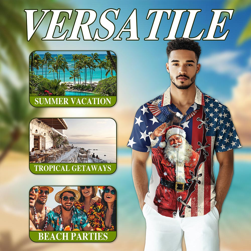 Patriotism American Christmas Hawaiian Shirt for Men, Button Down Aloha Shirt - Azhawaiian