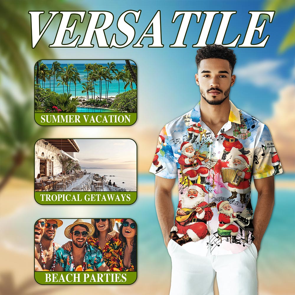 Musical Santa Claus Christmas Hawaiian Shirt for Men, Button Down Aloha Shirt - Azhawaiian