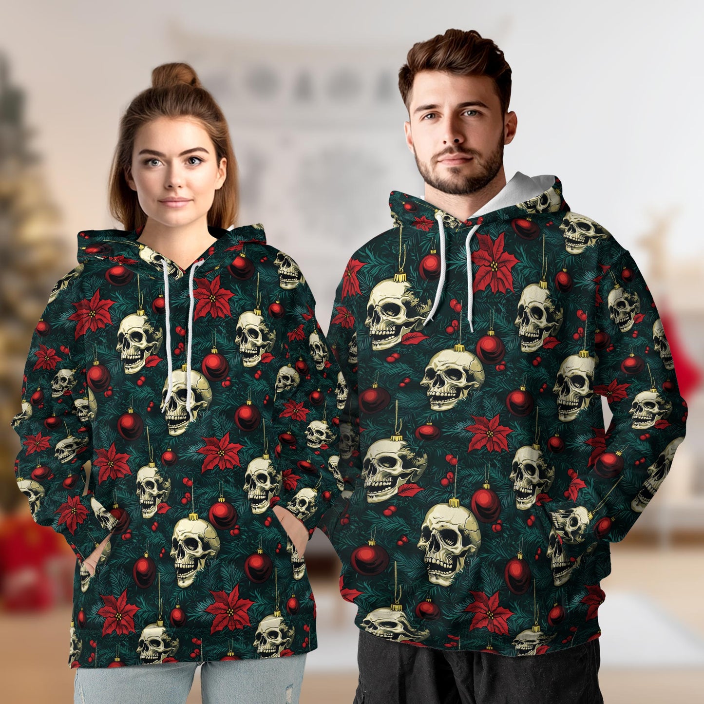 Skull Christmas All Over Print Hoodie, Gothic Holiday Ornament Graphic Design
