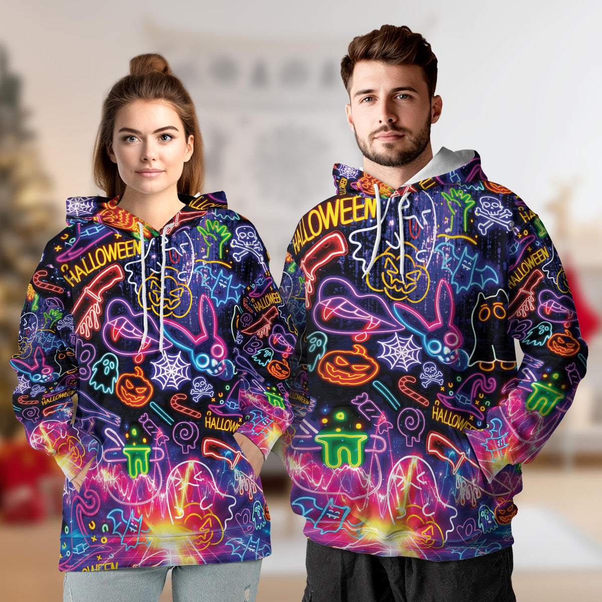Neon Hawaiian All Over Print Hoodie, Graphic Design Skull Ghost
