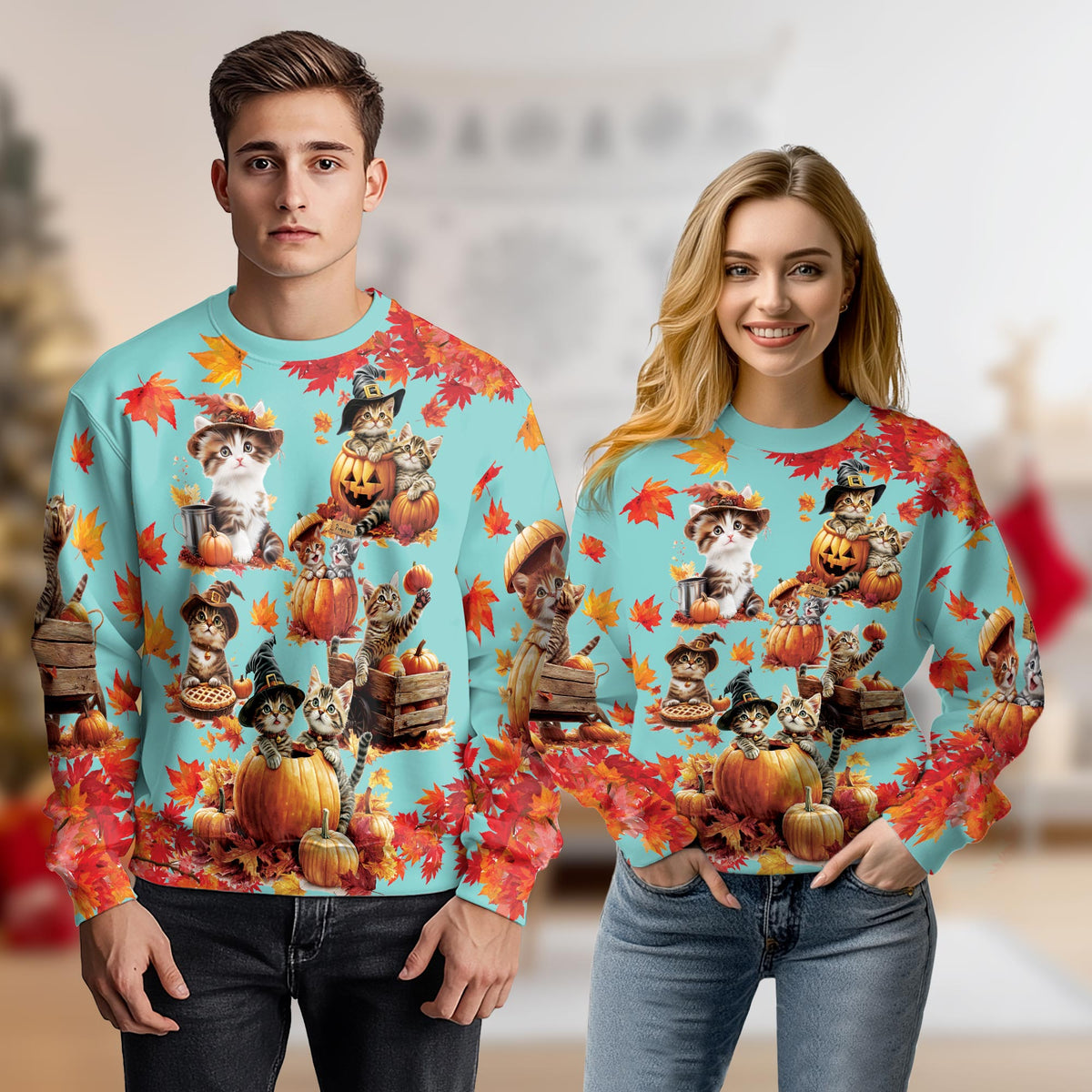 Thanksgiving Pumpkin Cat Sweatshirt – Colorful Graphic 3D All Over Print Design