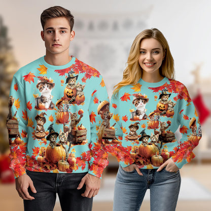 Thanksgiving Pumpkin Cat Sweatshirt – Colorful Graphic 3D All Over Print Design