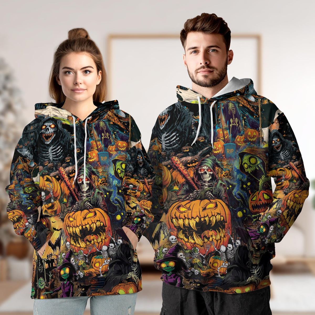 Spooky Skeleton Halloween All Over Print Hoodie, Pumpkin Graphic Design