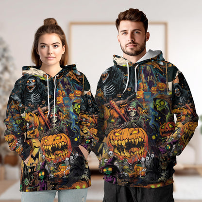 Spooky Skeleton Halloween All Over Print Hoodie, Pumpkin Graphic Design