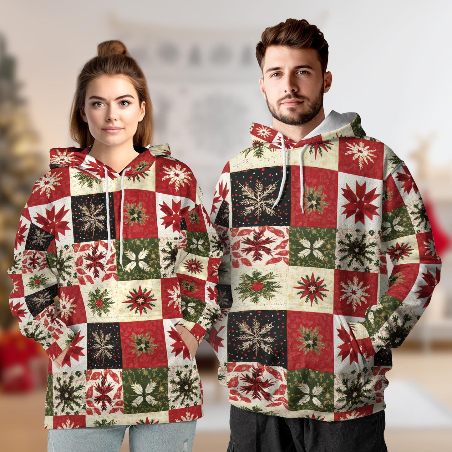 Christmas Quilt Pattern All Over Print Hoodie, Patchwork Style Graphic Design
