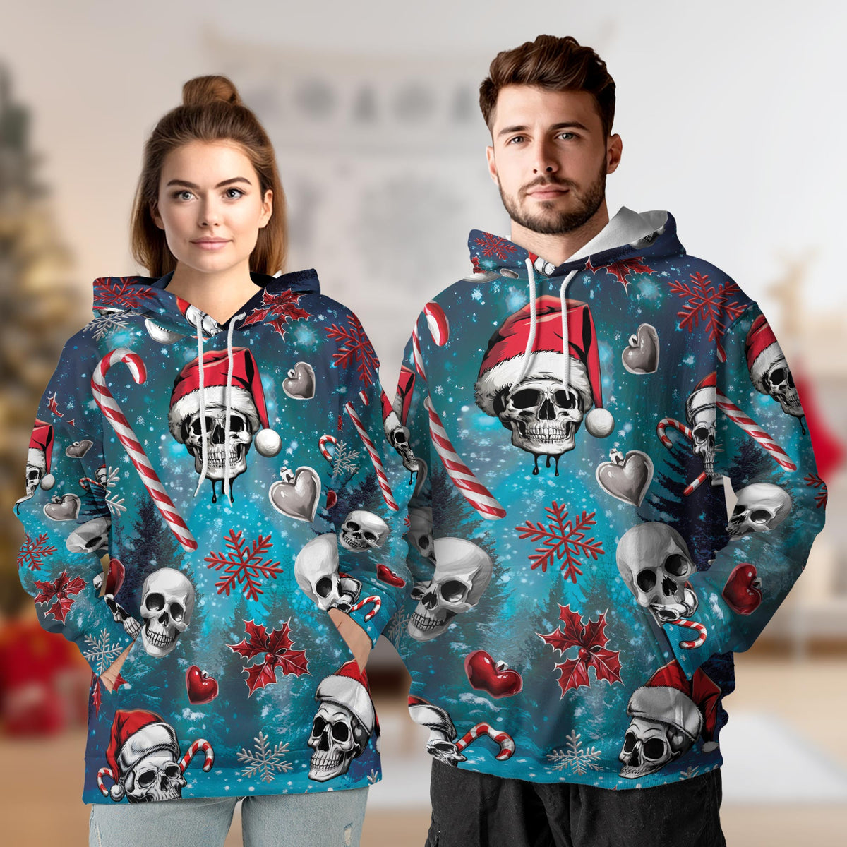 Skull Santa Christmas All Over Print Hoodie, Gothic Graphic Design