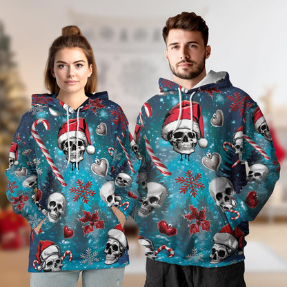 Skull Santa Christmas All Over Print Hoodie, Gothic Graphic Design