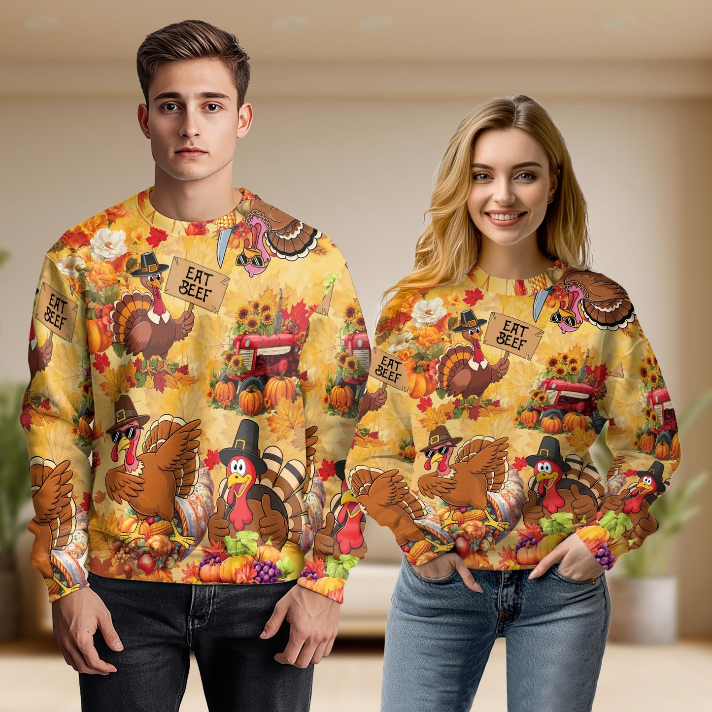Funny Thanksgiving Turkey Unisex Sweatshirt – Colorful Graphic 3D All Over Print Design