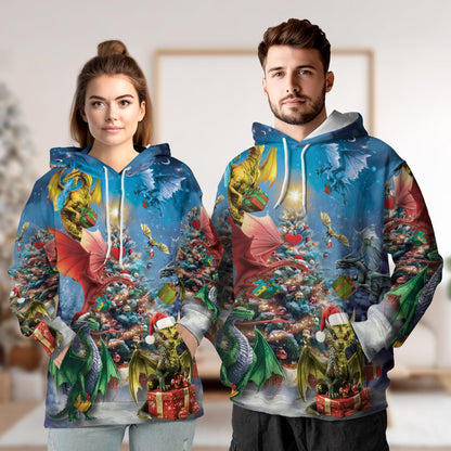 Christmas Dragons All Over Print Hoodie, Fantasy Dragon Graphic Design