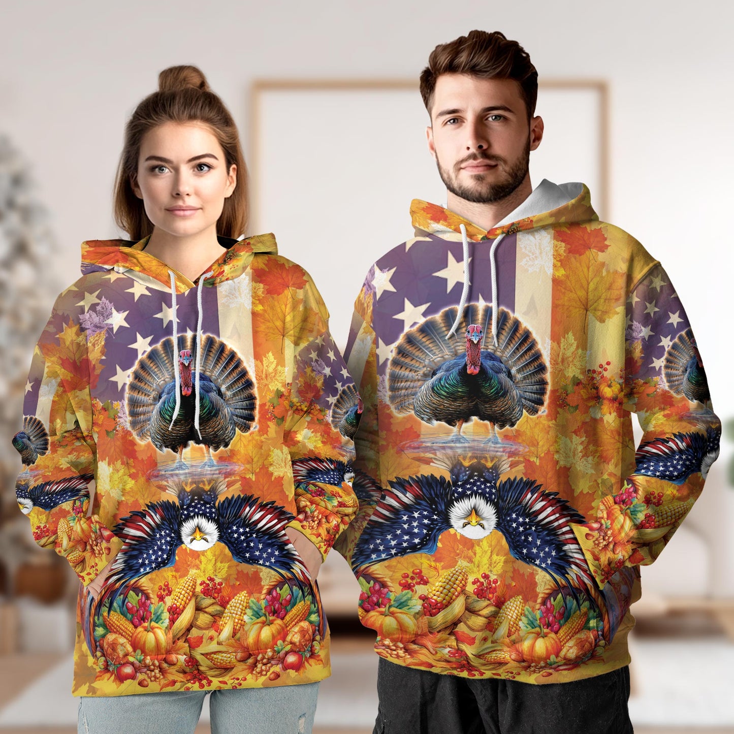 Turkey and Eagle Thanksgiving All Over Print Hoodie, Autumn Graphic Design