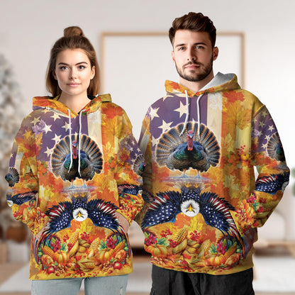 Turkey and Eagle Thanksgiving All Over Print Hoodie, Autumn Graphic Design