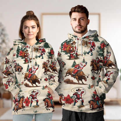 Cowboy Santa Claus All Over Print Hoodie, Western Rodeo Graphic Design