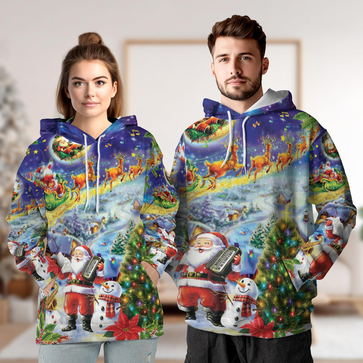 Santa Claus and Snowman All Over Print Hoodie, Festive Graphic Design