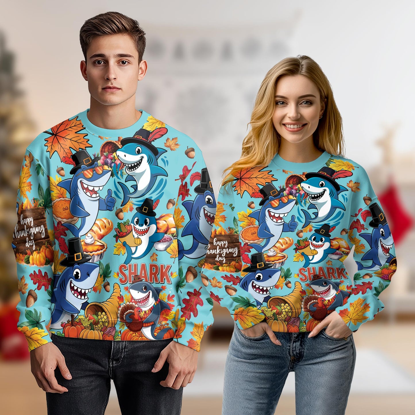 Thanksgiving Shark Sweatshirt – Colorful Graphic 3D All Over Print Design