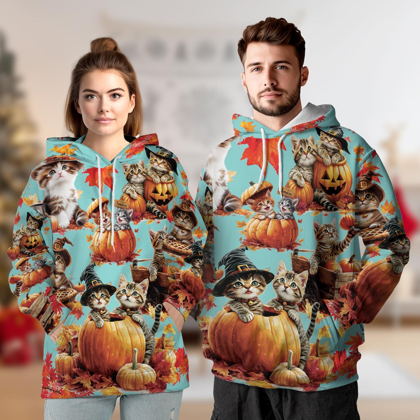 Cat Pumpkin All Over Print Hoodie, Cute Kitten Halloween Holiday Graphic Design