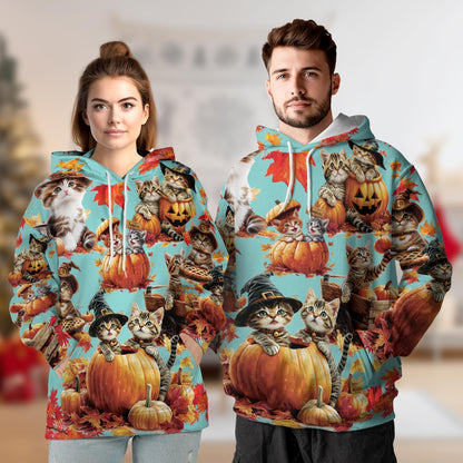 Cat Pumpkin All Over Print Hoodie, Cute Kitten Halloween Holiday Graphic Design