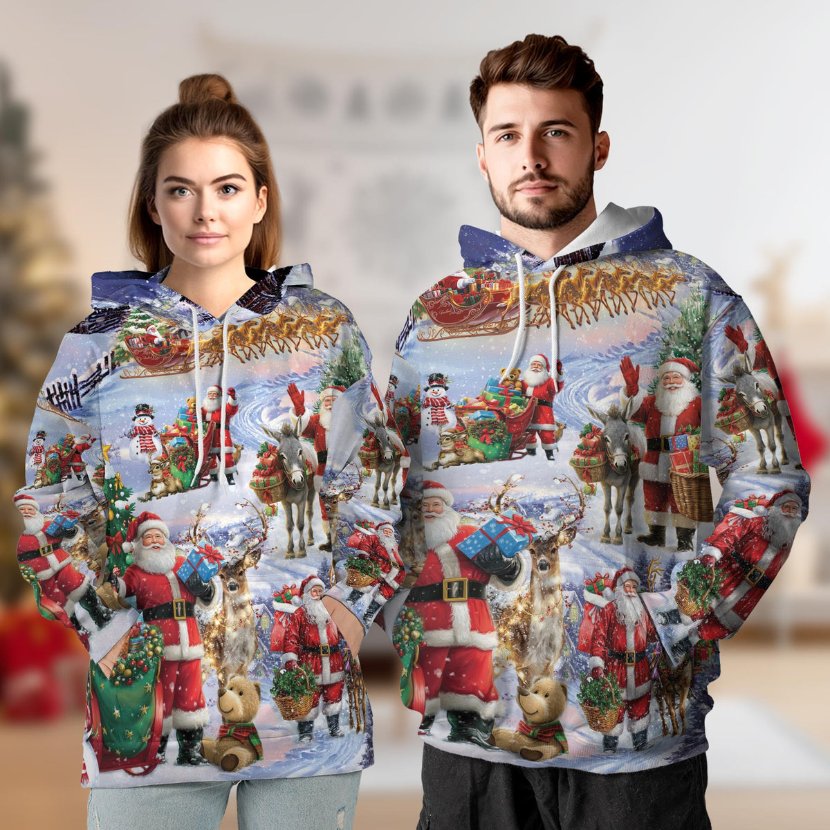 Santa Claus Snowy Christmas Village All Over Print Hoodie, Holiday Graphic Design