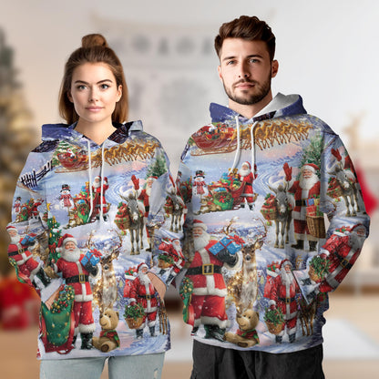 Santa Claus Snowy Christmas Village All Over Print Hoodie, Holiday Graphic Design