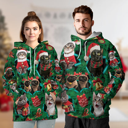 Christmas Cats All Over Print Hoodie, Cute Kitten Holiday Graphic Design