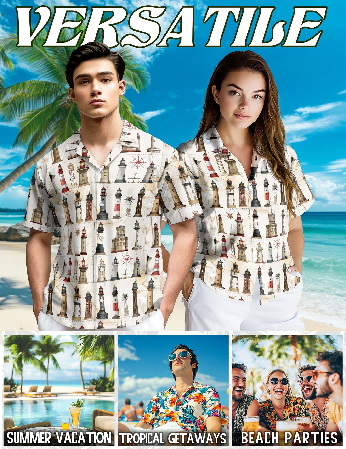 Lighthouse Pattern Hawaiian Shirt for Men, Button Down Aloha Shirt - Azhawaiian