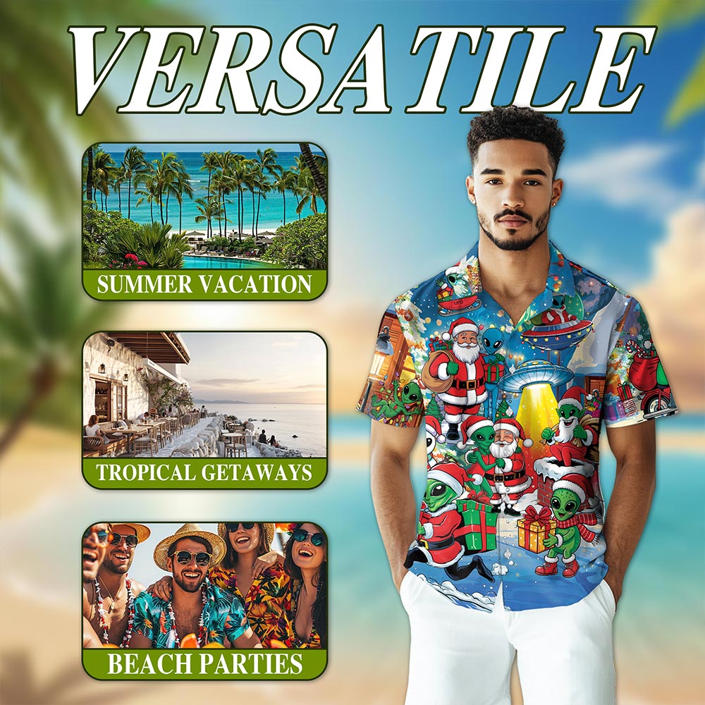 Alien and Santa Claus Christmas Hawaiian Shirt for Men, Button Down Aloha Shirt - Azhawaiian