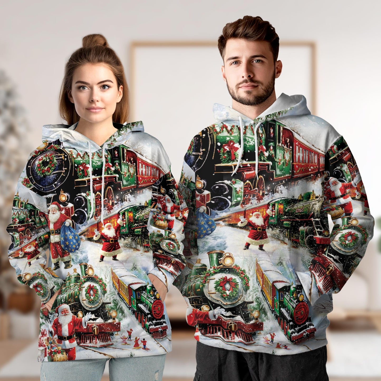 Christmas Train All Over Print Hoodie, Vintage Santa Claus Graphic Design