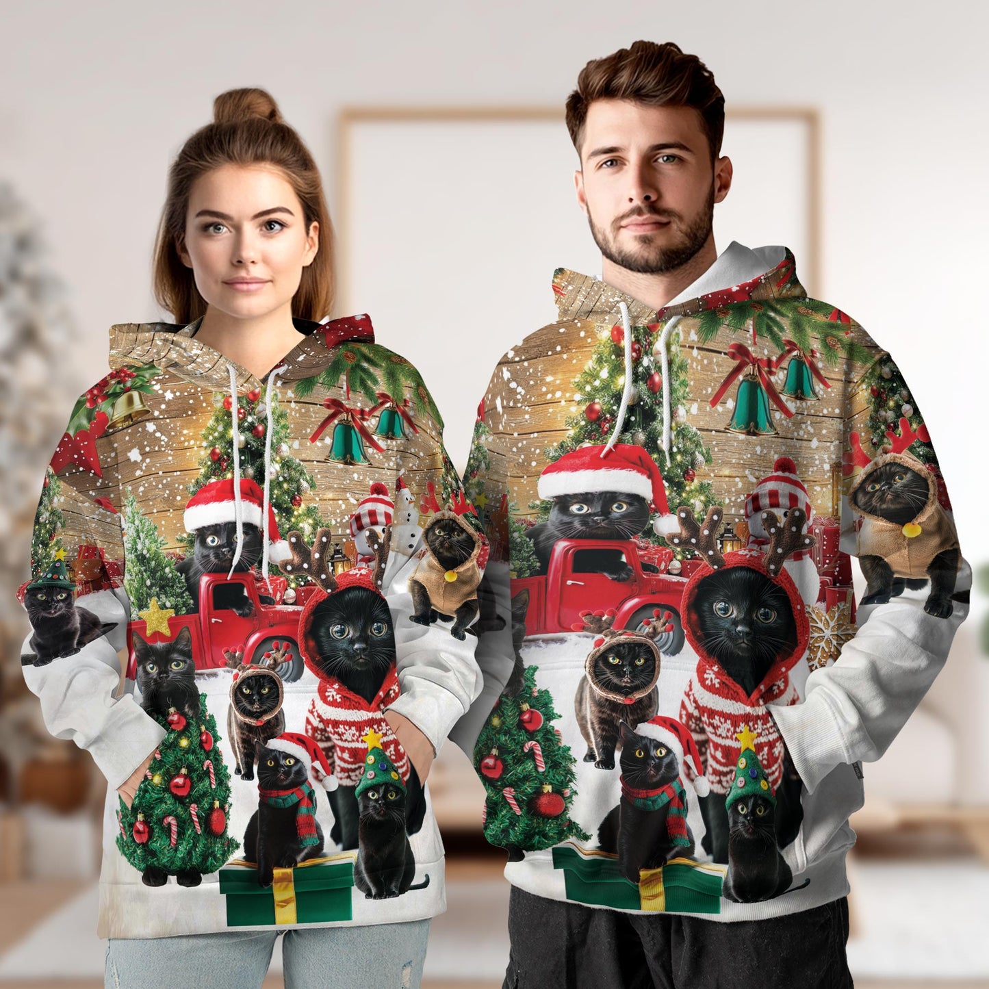 Black Cat Christmas All Over Print Hoodie, Funny Kitten Graphic Design