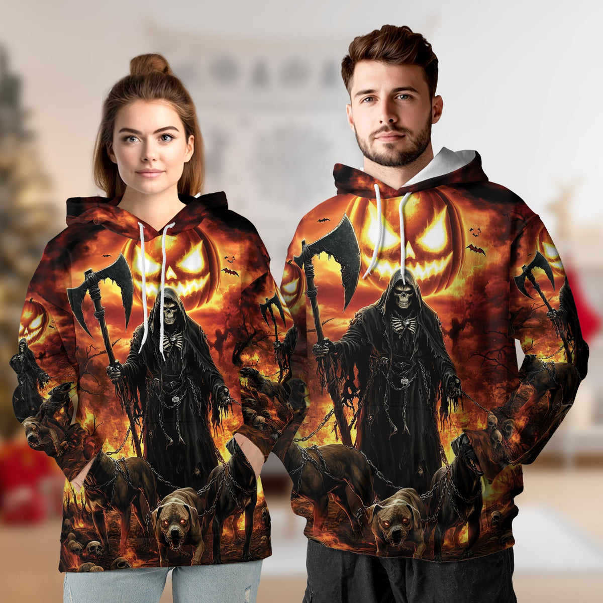Grim Reaper Halloween All Over Print Hoodie, Graphic Design Dark Hellhound