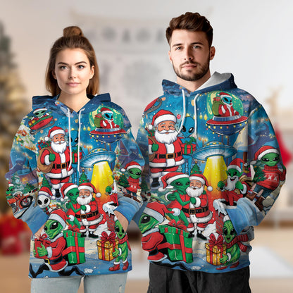 Alien and Santa Claus Christmas All Over Print Hoodie, Funny UFO Graphic Design