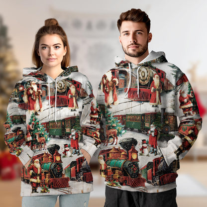 Vintage Christmas Train All Over Print Hoodie, Retro Graphic Design