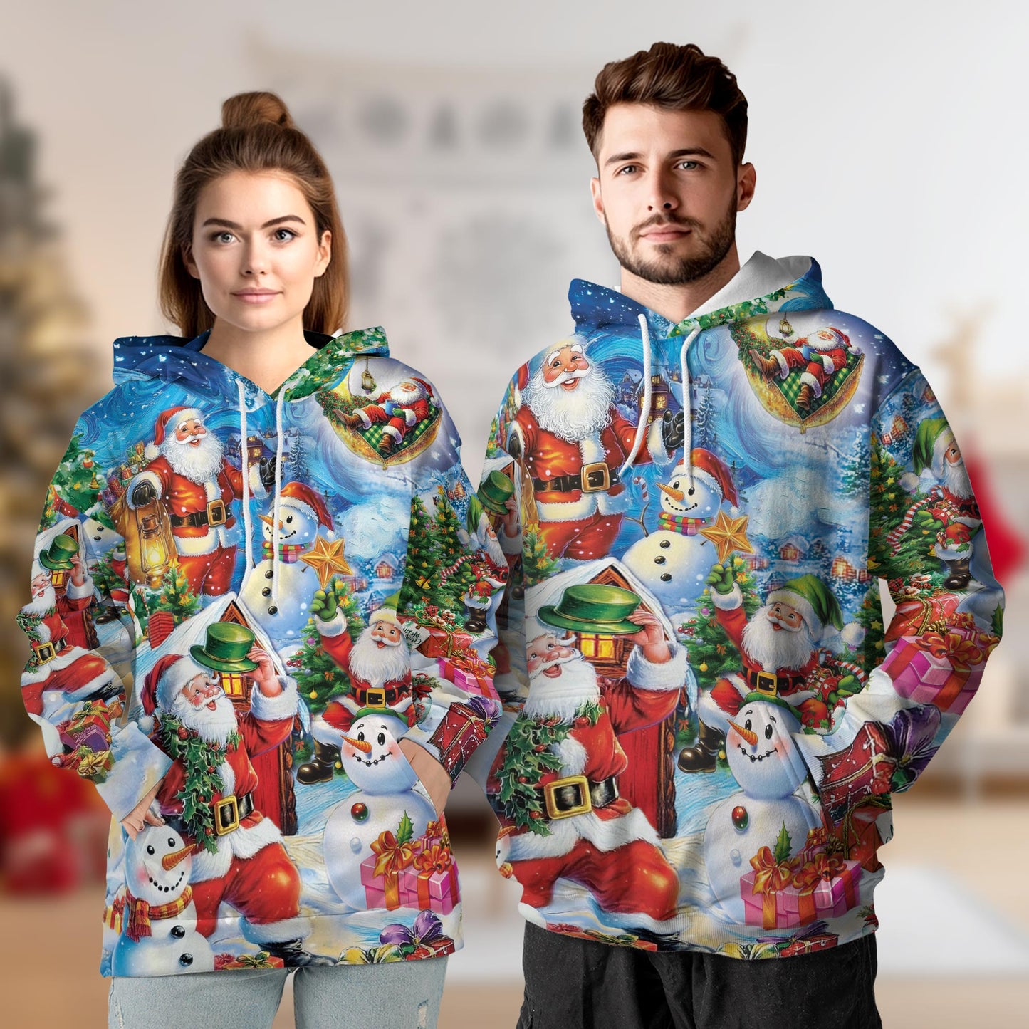 Santa Claus and Snowman All Over Print Hoodie, Graphic Design Festive Christmas