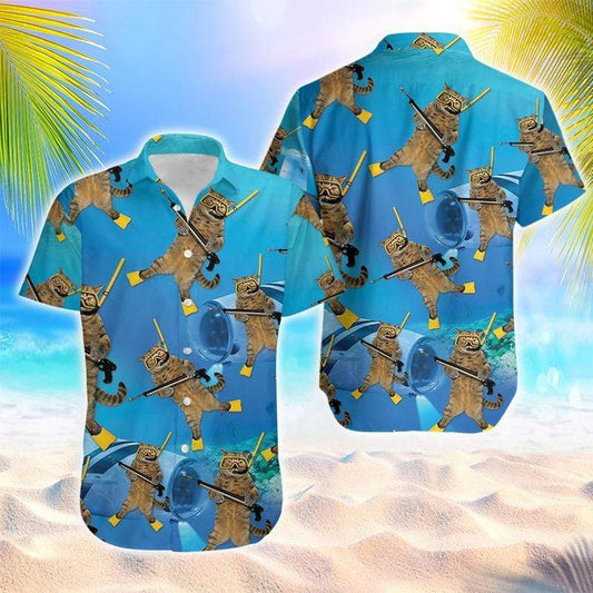 Funny Cat Diving Blue Ocean Unisex Hawaiian Shirts