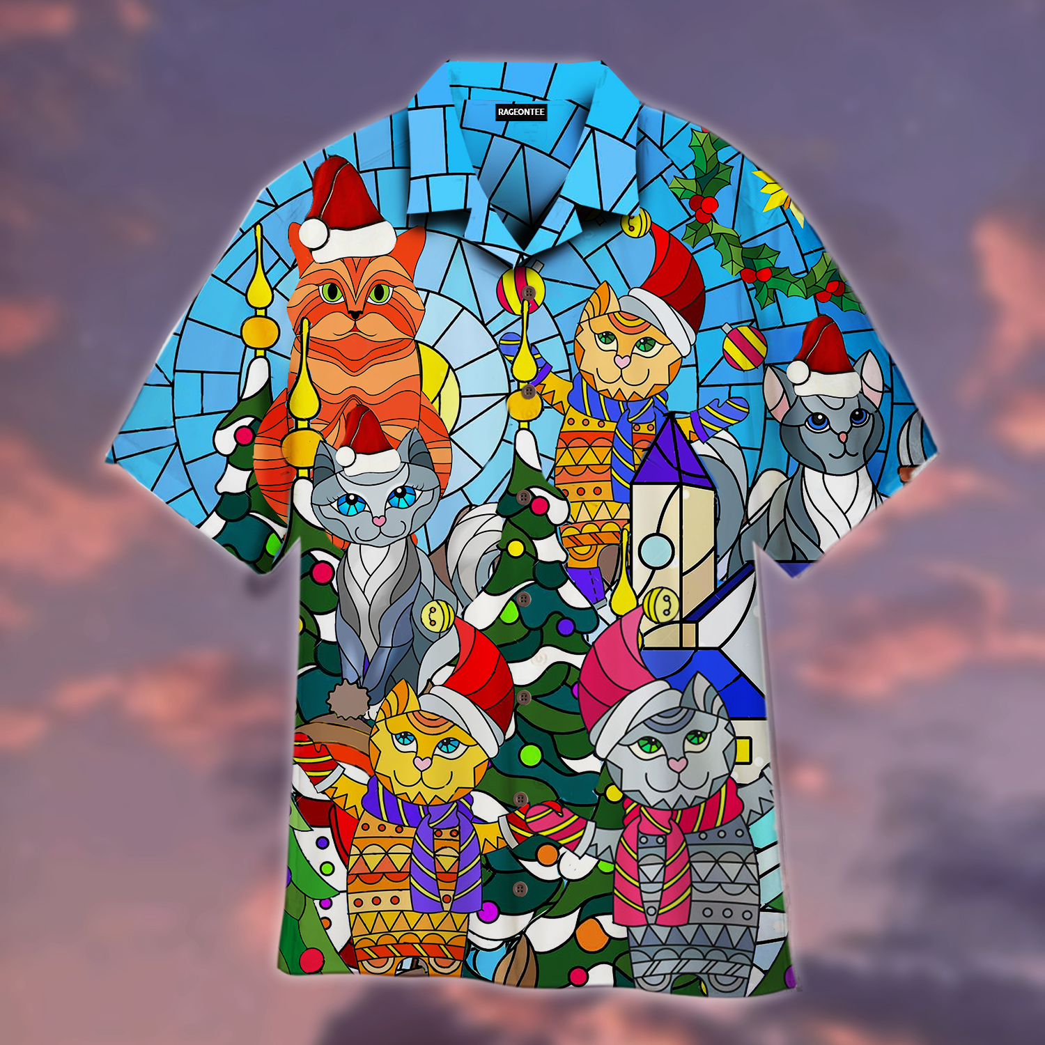 Cat Family Merry Christmas Stained Glass Hawaiian Shirt | For Men &amp;amp; Women | Adult | Wt1161