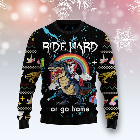 Dinosaur Unicorn Ride Hard Ugly Christmas Sweater 