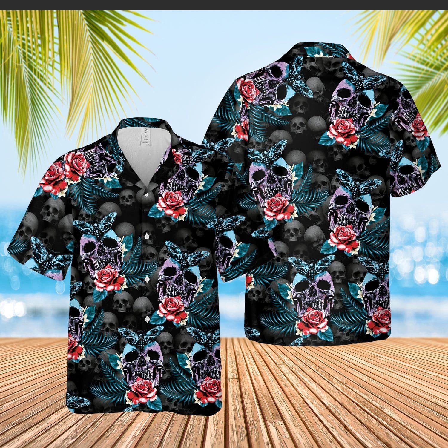 Skull Rose And Butterfly Black Aloha Hawaiian Shirt | For Men & Women | Adult | HW8123