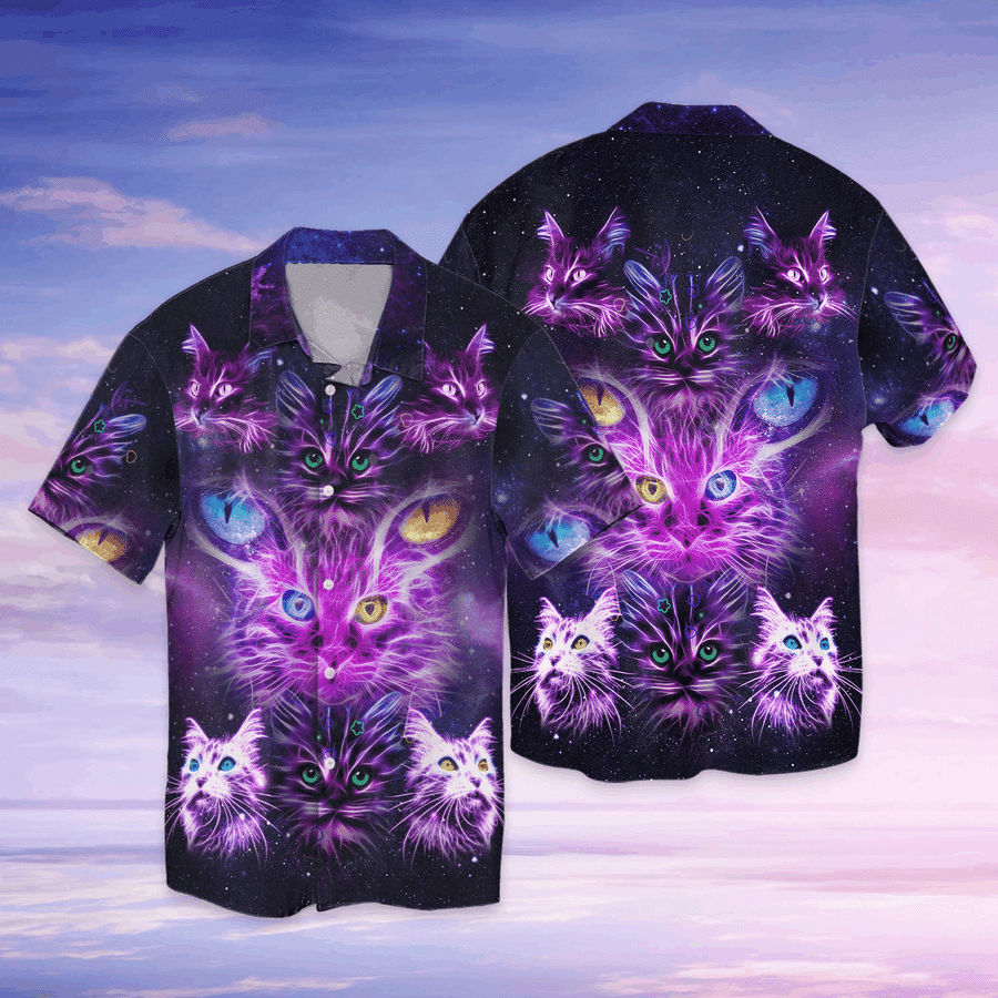 Hawaiian Aloha Shirts Cat Lovers Neon Purple