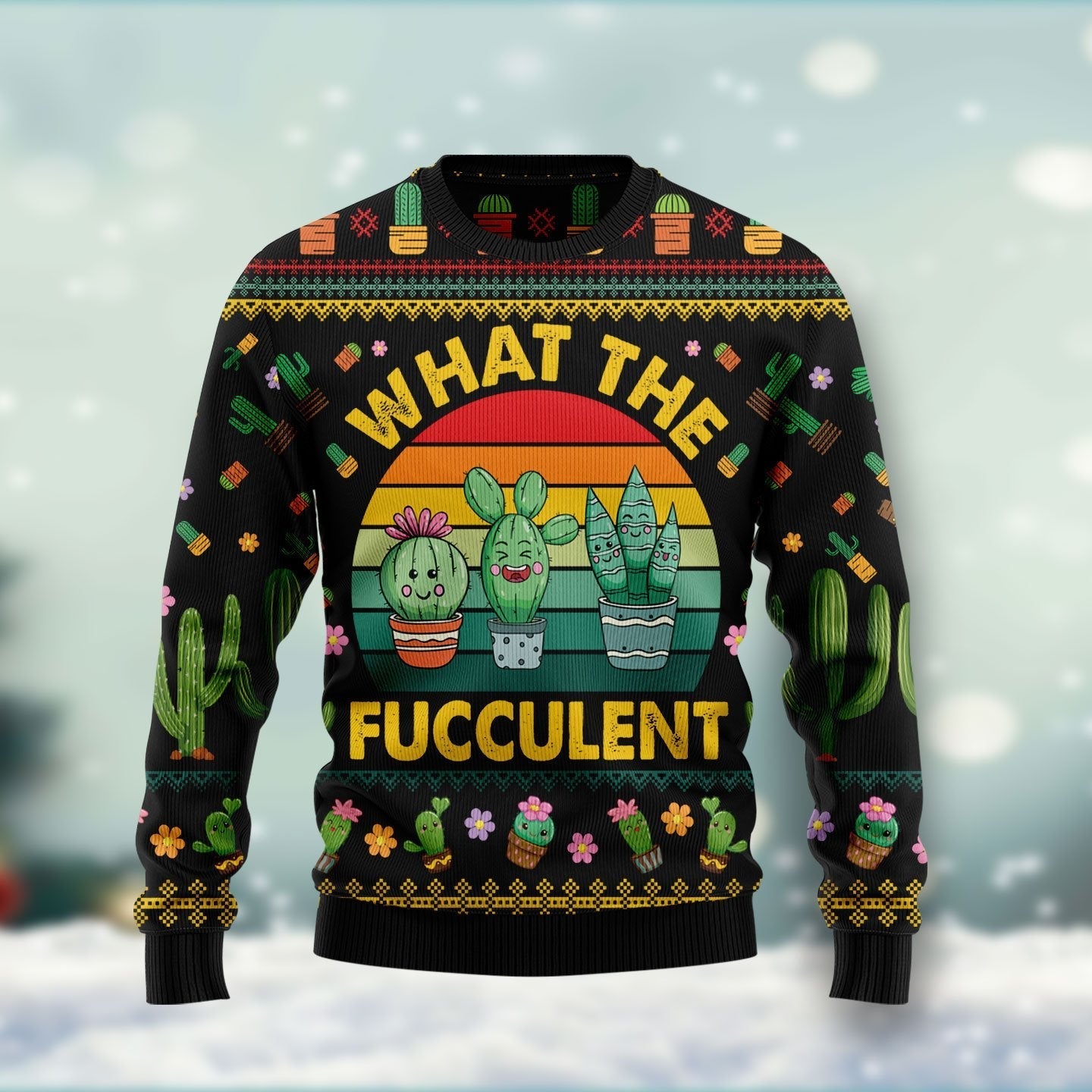 Cactus What the Fucculent Ugly Christmas Sweater 