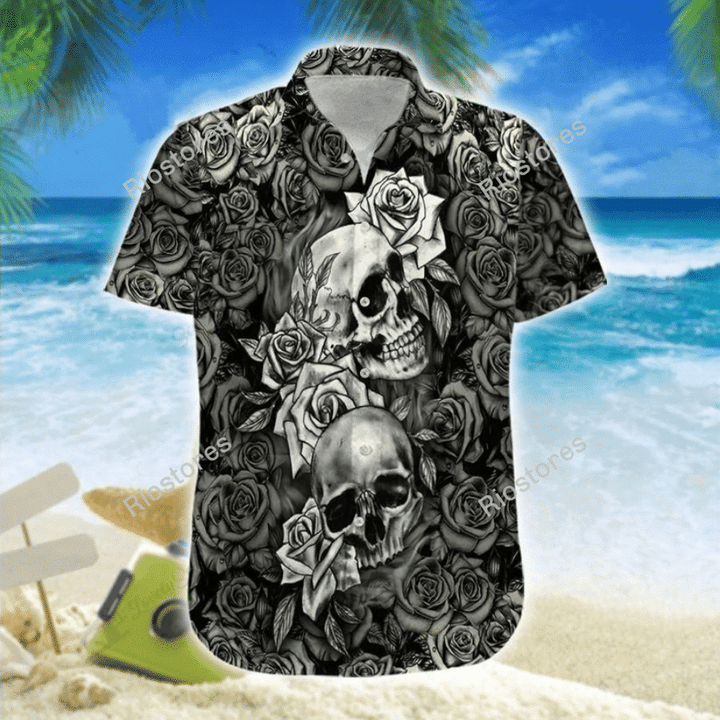 Black And White Skull Rose  Black Unique Design Unisex Hawaiian Shirt For Men And Women Dhc17063861