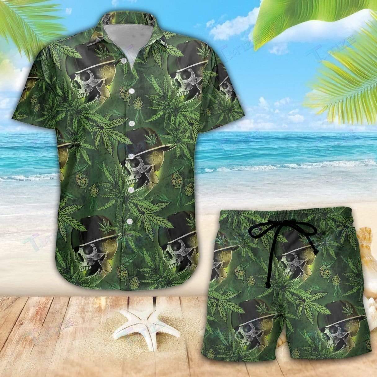 Stoner Skull Smoke Weed Hawaiian Shirts Swim Trunks Beach Shorts #Vi