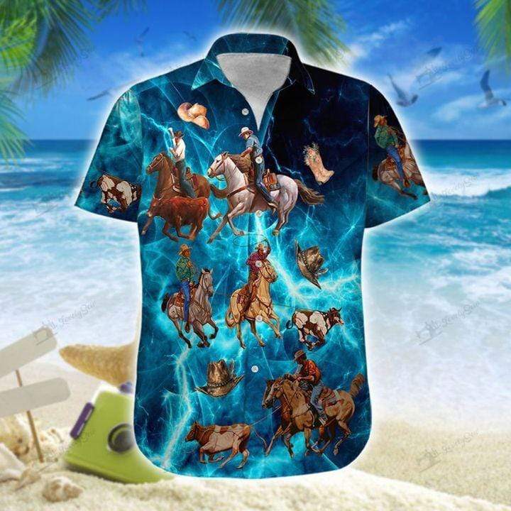 Amazing Blue Team Roping Love Horse Unisex Hawaiian Shirts - Beach Shorts