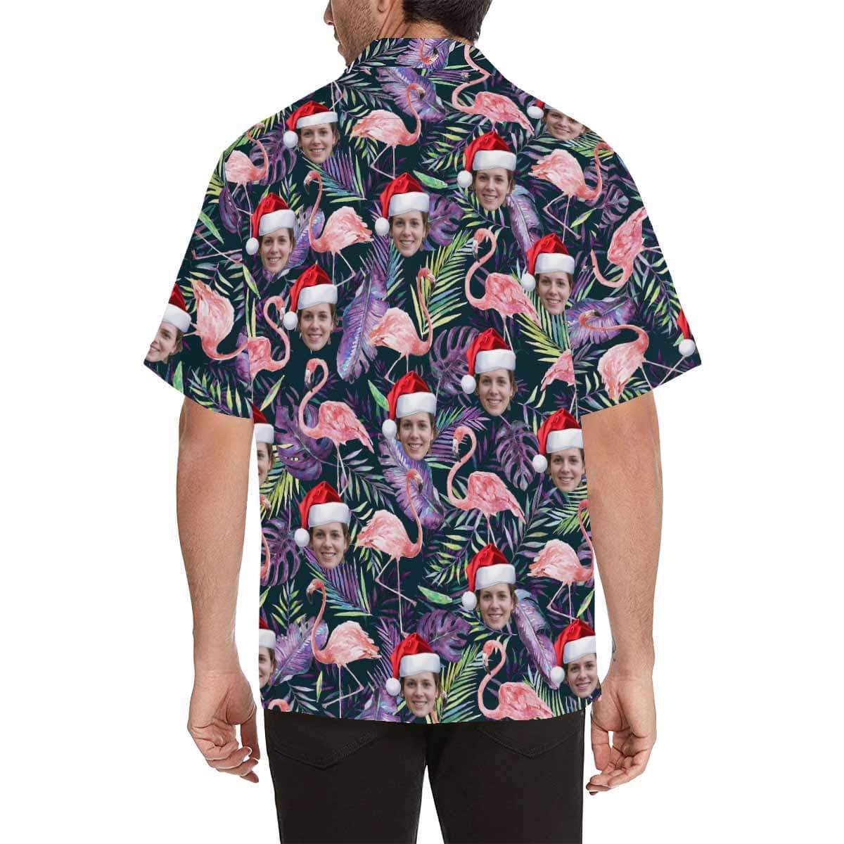 Custom Face Flamingo Christmas Hat Men's All Over Print Hawaiian Shirt