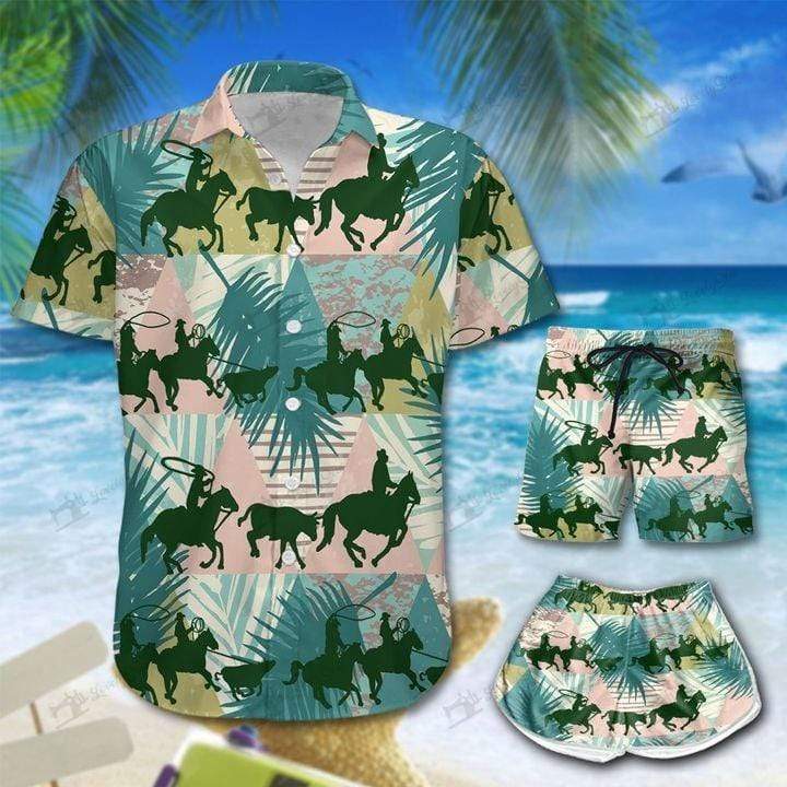 Team Roping Hawaiian Aloha Shirts Or Beach/ Women Shorts #Dh